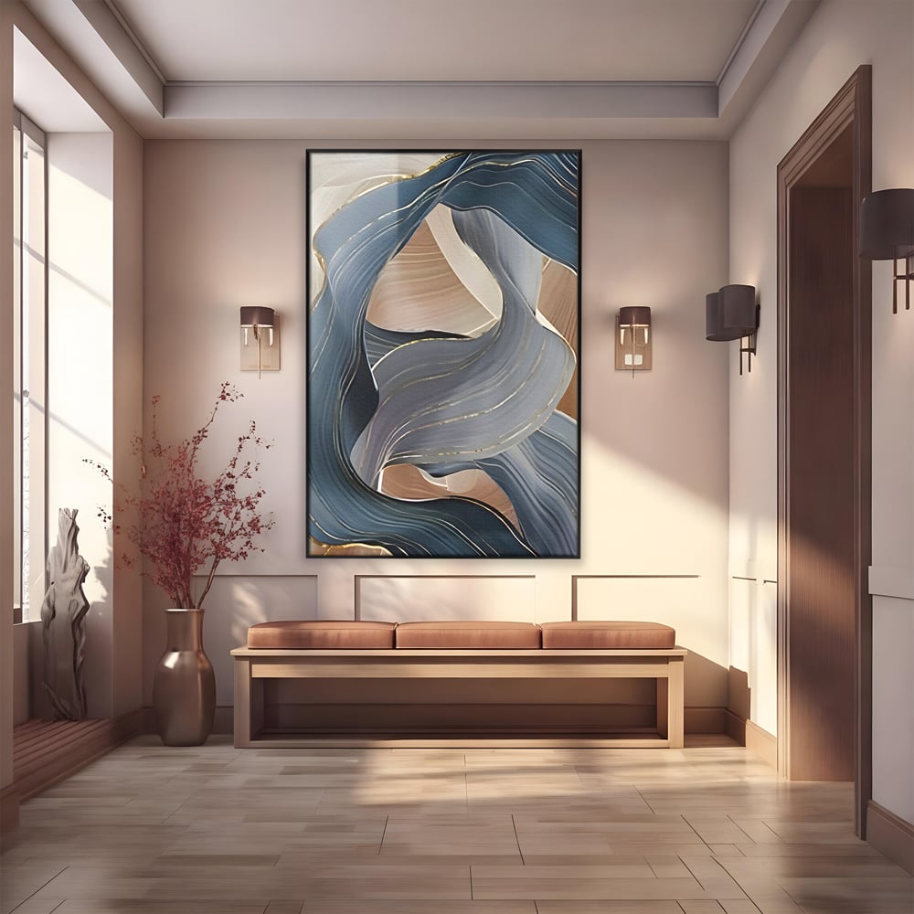 Tablou canvas cu pictura abstracta cu valuri ondulate, in rama de aluminiu negru